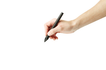Fototapete - Hand holding a stylus pen in a writing position, isolated on a white background. Close-up of human hand, minimalistic design, concept of creativity