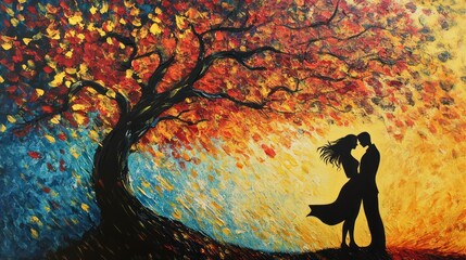 Wall Mural - Lovers embracing under a tree