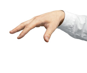 Fototapete - Closeup of a human hand with fingers extended, wearing a white shirt. Isolated on a plain white background. Concept of gesture or reaching out