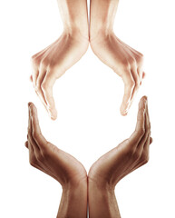 Poster - Two pairs of hands with palms facing each other in a circular shape. The hands are isolated on a white background. Concept of protection, connection, and unity