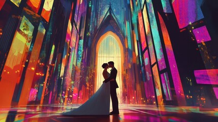 Wall Mural - Wedding Couple Kissing In Colorful Geometrical Shapes Theme