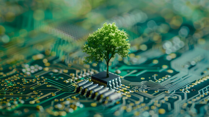 Aufkleber - tree growing on the converging point of computer circuit board. green computing, green technology, g