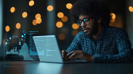 Leinwandbilder - Businessman analyzing data on laptop with digital graphs displayed