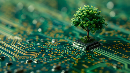 Aufkleber - tree growing on the converging point of computer circuit board. green computing, green technology, g