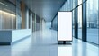 © Chayanan - Modern 3D mock-up of an empty office hallway with blank billboard, white LCD screen stand for advertising, and vertical ads banner.