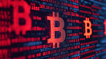 Poster - Digital illustration of secure blockchain network with Bitcoin symbols