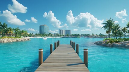 Poster - A beautiful blue ocean with a wooden pier in the middle