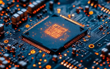 Poster - Closeup abstract blue circuit board with glowing tech elements, bokeh effect, dark background, illuminated digital patterns, futuristic and modern electronics design
