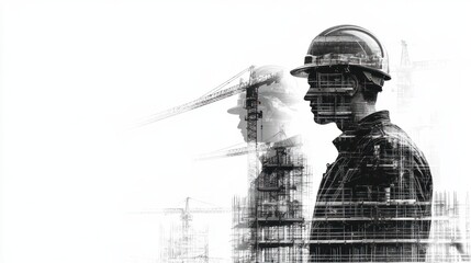 Poster - Building construction engineering with double exposure graphic design black and white , construction workers with civil equipment technology 2d illustration on a white background, AI generated