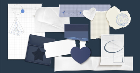 Poster - Torn paper sheets with geometric sketches scattered on navy background. Pyramid drawing, white crumpled pieces, grid notepad fragments, star decorated card and heart shaped ornaments for scrapbooking.