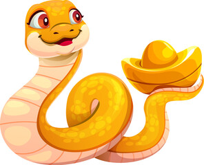 Wall Mural - Cartoon snake zodiac character holds gold ingot, symbolizing prosperity and wealth for the Chinese lunar year 2025. Cute reptile with golden shiny body is coiled in a loop and expressive orange eyes