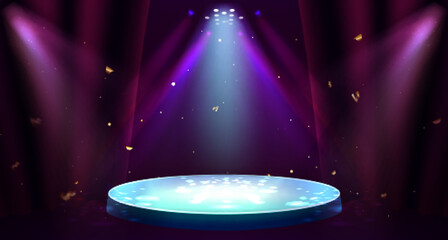 Wall Mural - round podium with spotlight illumination and red curtains. vector realistic illustration of circus a