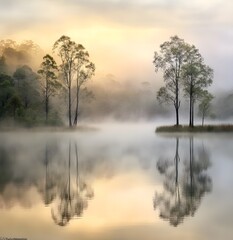  Misty Sunrise Over Lake with Trees