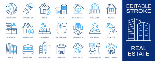 Real estate line icons, such as house, kitchen, bedroom, bathroom and more. Editable stroke.