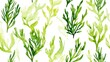 © NeuralNiche - Seamless pattern of vibrant underwater plants in green watercolor featuring sea fruit leaves and organic grunge texture on a white background