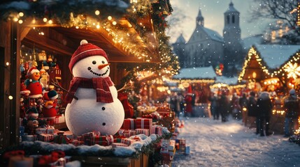 Wall Mural - Christmas Snowman sold at traditional Christmas market Decorated and illuminated shopping stands with variety of Xmas toys Christmas market in Bavaria Germany : Generative AI