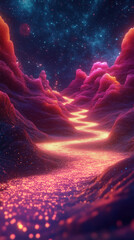Poster - vibrant landscape featuring flowing data streams, glowing mountains, and starry sky creates mesmerizing atmosphere. colorful terrain invites exploration and wonder