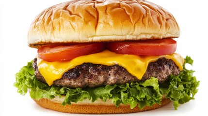 Wall Mural - A perfectly grilled hamburger with a juicy beef patty, fresh lettuce, tomato