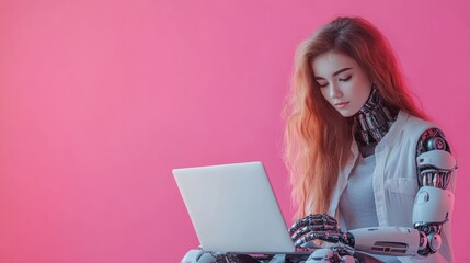 Poster - composite artwork collage image picture of girl use laptop chat gpt ai robot isolated on creative ba