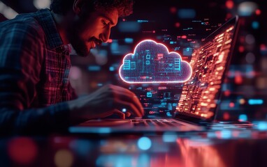 Poster - A creative depiction of an IT professional in action, colorful file shapes on a laptop screen, cloud management tools visualized, Generative AI modern design