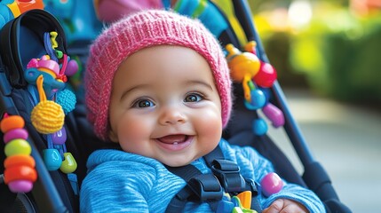 baby girl smiling from her stroller during a sunny day out, with colorful toys hanging from the stroller bar to keep her entertained