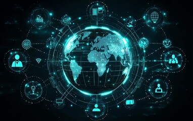 Poster - A hightech generative AI network, featuring a globe with glowing digital pathways connecting business icons and people, futuristic aesthetic, detailed design
