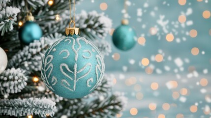 Wall Mural - christmas tree with blue ornaments and bokeh lights.