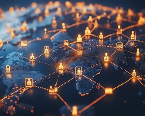 Poster - Dynamic visualization of a global business network, pulsating AIgenerated links connecting diverse people and icons, glowing futuristic globe