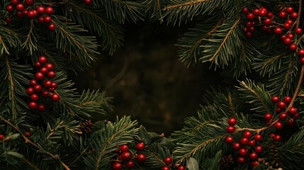 Wall Mural - evergreen holiday red berries space branches background copy pine christmas wood tree decoration branch fir green frame new wooden border year winter white celebration card old spruce holly isolated