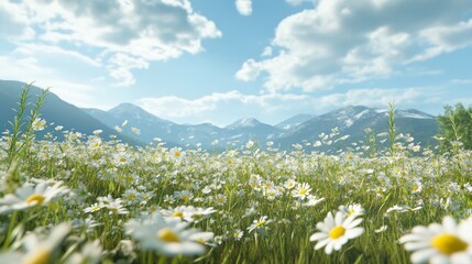 Poster - A field of white flowers with a blue sky in the background