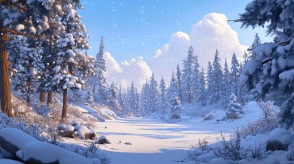 Canvas Print - Serene Winter Landscape with Snow-Covered Trees and Gentle Snowfall in a Mountainous Area, Capturing the Tranquility of Nature in a Winter Wonderland