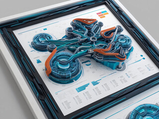 Poster - A complex abstract structure featuring swirling blue and orange elements is displayed on a white background with graphs and data visualizations. The design reflects modern technology aesthetics.