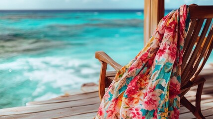 Wall Mural - Cozy beach chair draped with a colorful floral blanket near turquoise ocean waves in a serene coastal setting for relaxation and rejuvenation