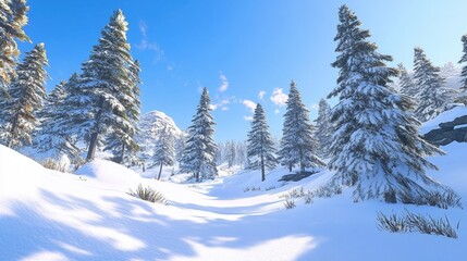 Canvas Print - Serene Winter Landscape with Snow-Covered Pine Trees Under Bright Blue Sky in a Peaceful Natural Setting