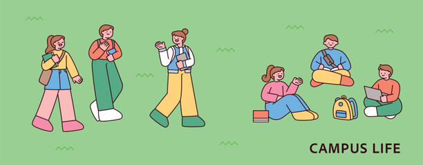 Poster - students sitting together on the outdoor lawn or walking together and talking. outline simple vector