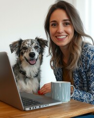 Poster - A woman and her dog work on a laptop together. AI.