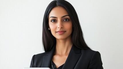 Poster - A woman in a black suit and a necklace is smiling for the camera