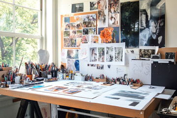 A creative workspace with a large drafting table, art supplies, and a mood board filled with ideas