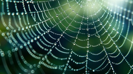 Poster - In the gentle morning light, a spider web glistens with dewdrops, highlighting the delicate craftsmanship of nature. Each droplet reflects the surrounding greenery.