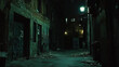 © Xingguo - Dark alleyway at night, dimly lit by a streetlamp, featuring graffiti-covered walls and scattered broken glass, evoking tension and mystery.