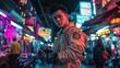 © Ferman Bagus Istuhri - Neon City Cyberpunk Fashion,  A Futuristic Asian Male Model Poses in Vibrant Night Market