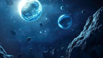 Poster - This captivating journey takes viewers through a stunning cosmic landscape filled with distant planets and asteroids illuminated by distant stars. Witness the beauty of space.