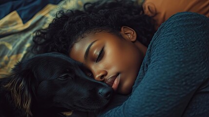 Portrait of an African American teenage mother with her dog, capturing a nurturing bond and a playful connection, with ample copy space for text or design elements.