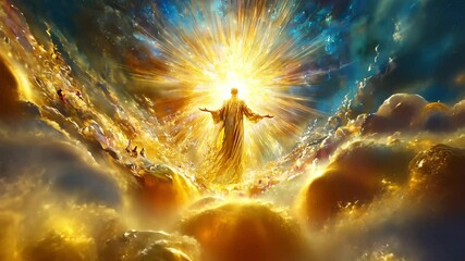 Poster - A luminous figure stands amidst swirling clouds bathed in golden light, creating a powerful spiritual atmosphere. The scene evokes a sense of awe and wonder through striking colors and divine imagery.