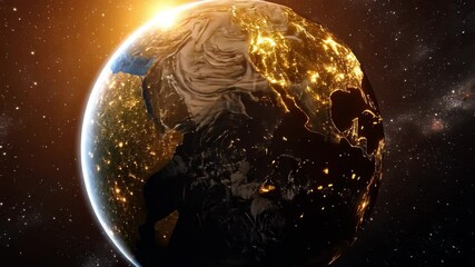 Poster - Witness the breathtaking view of Earth as the sun rises, casting a warm glow over the continents and highlighting the beauty of our planet in vibrant light.