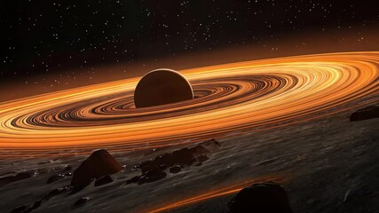 Poster - A stunning display of a planetary system featuring vibrant rings and celestial objects set against a backdrop of distant stars. Observe the beauty of the cosmos in motion.