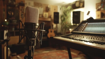 Fototapete - A large diaphragm microphone in front of a music stand, set up for recording vocals in a cozy, sound-treated home studio, vocal recording, home studio setup, sound capture, music production.
