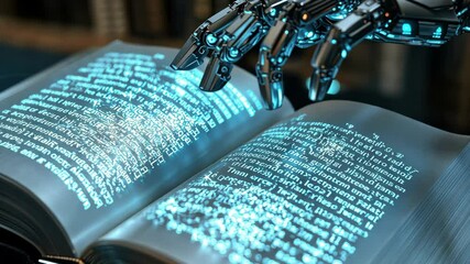 Poster - A futuristic robot hand engages with a holographic book, illustrating the convergence of technology and education. This cutting-edge interaction highlights the potential of learning tools.
