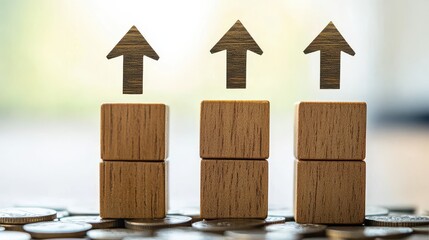 Poster - Wooden Blocks with Upward Arrows Displaying Growth on a Background of Coins, Symbolizing Financial Success, Investment Strategy, and Economic Advancement