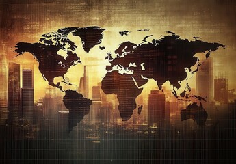 Poster - Abstract world map overlayed on a city skyline with a warm, textured background, representing global connectivity, geography, and urban development in a modern environment.